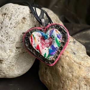 Heart pendant from polymer clay and a ribbon and cord strands. LL2C N 112